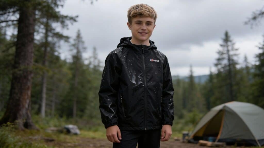 Boy wearing a Berghaus Kids' Bowood Waterproof Jacket