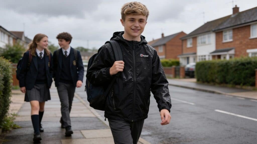 School Boy wearing a Berghaus Kids' Bowood Waterproof Jacket