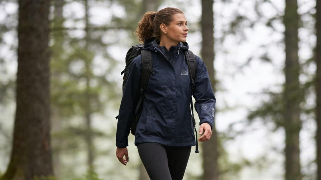 Woman Hiking Wearing a Waterproof Jacket