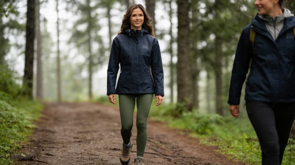 Woman Hiking with a friend wearing Wind Proof Jacket