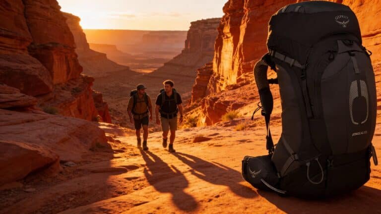 Two men hiking wearing Osprey Atmos AG 65 Backpacks