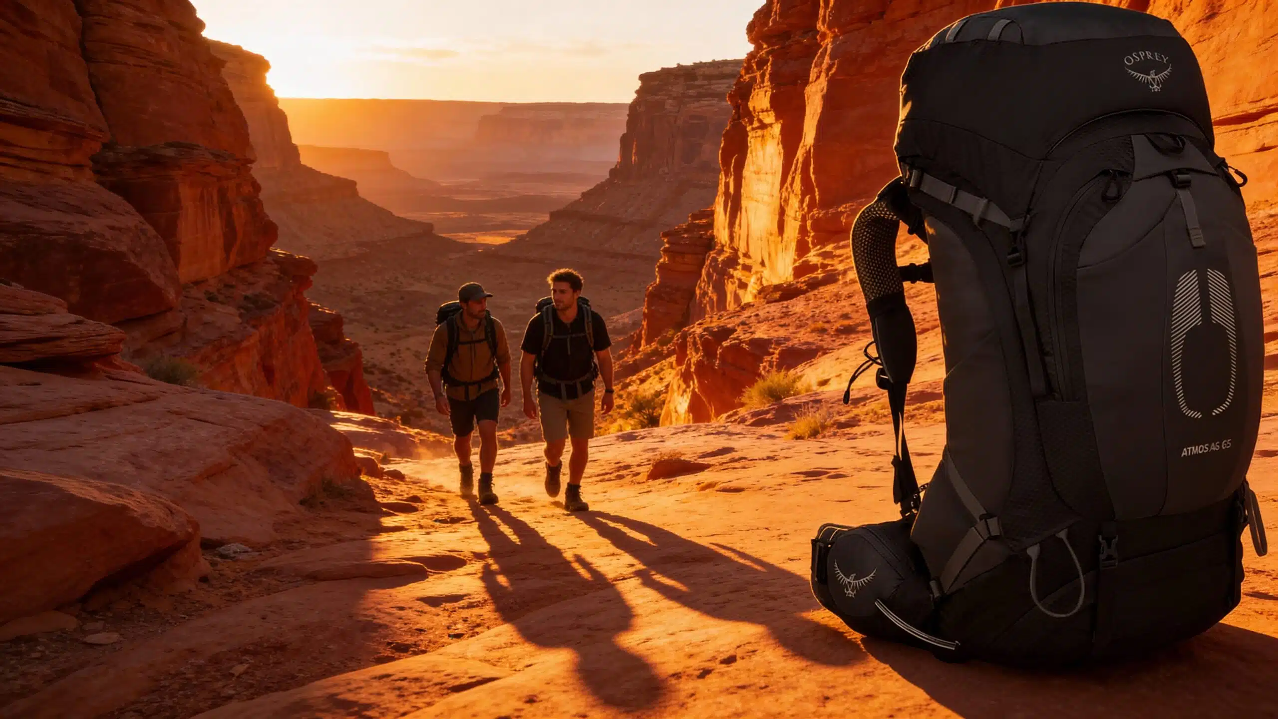 Two men hiking wearing Osprey Atmos AG 65 Backpacks