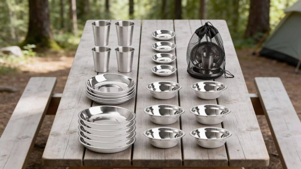 TOPZEA Stainless Steel Camping Plates and Bowls Set - best camping plate and bowl sets