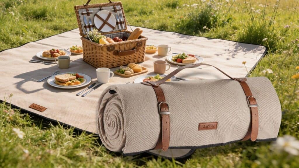 VonShef Picnic Blanket, Beige Herringbone Large Outdoor Rug