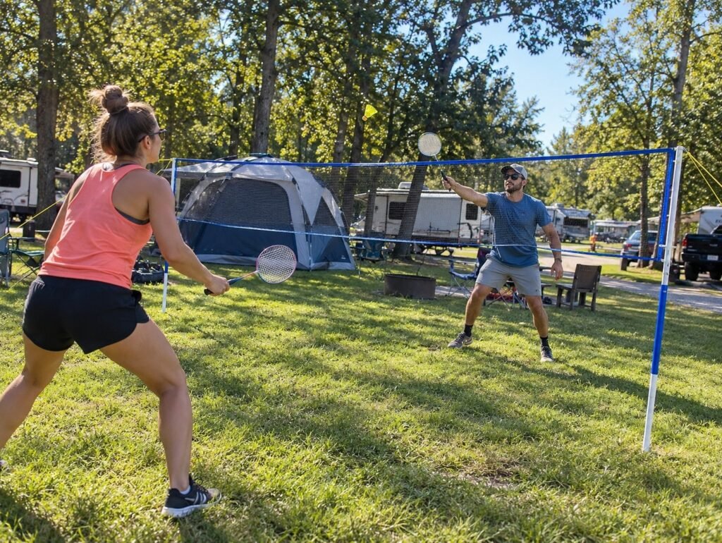 2 adults playing Franklin Sports Badminton on grass