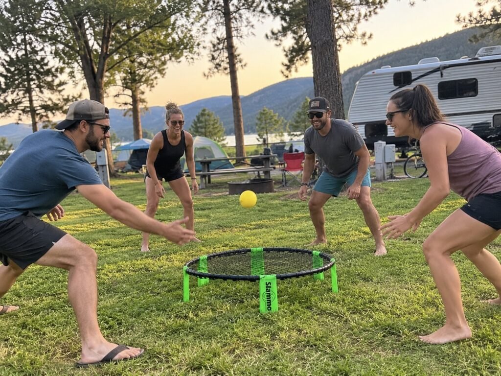 4 Adults playing GoSports Slammo Game Set on grass