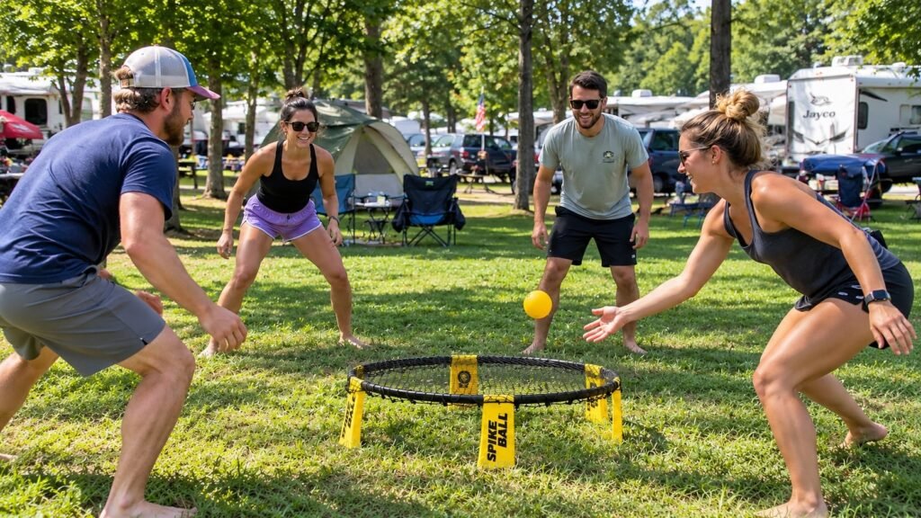 4 adults playing camp games