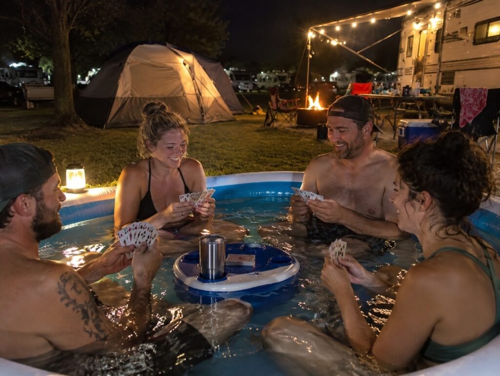 4 adults sitting in pool at night playing Waterproof Clear Playing Cards