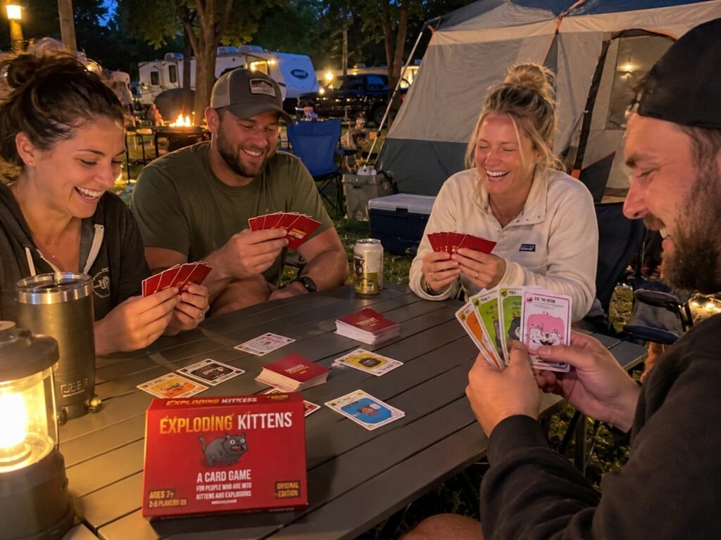Adults sitting around a camp table playing Exploding Kittens card game