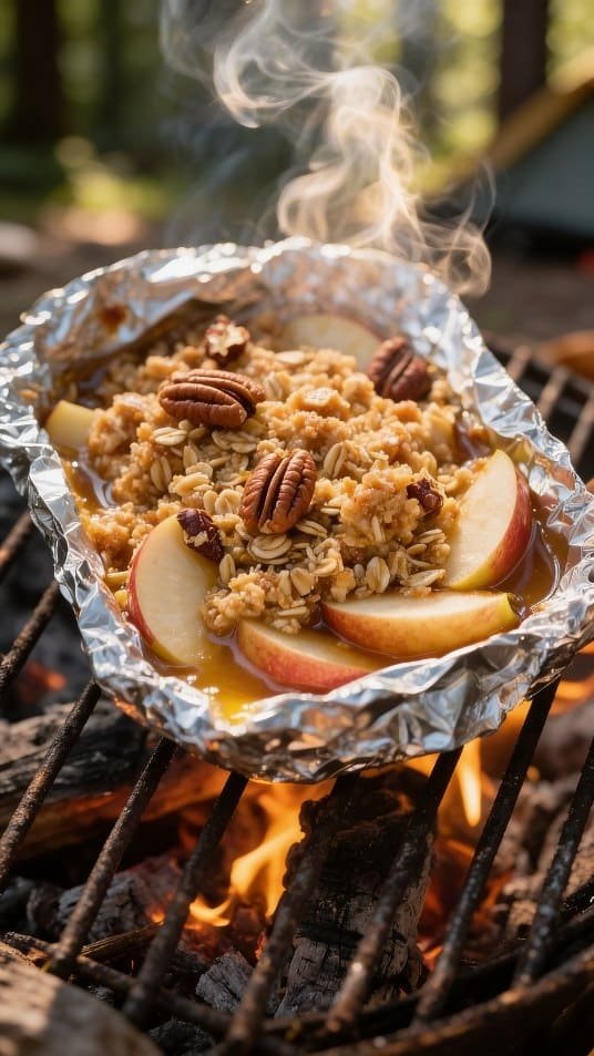 Close-up detail: a freshly opened foil packet of campfire apple crisp resting on a grill grate over 