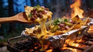 Campfire Grilled Nachos and melted cheese recipe