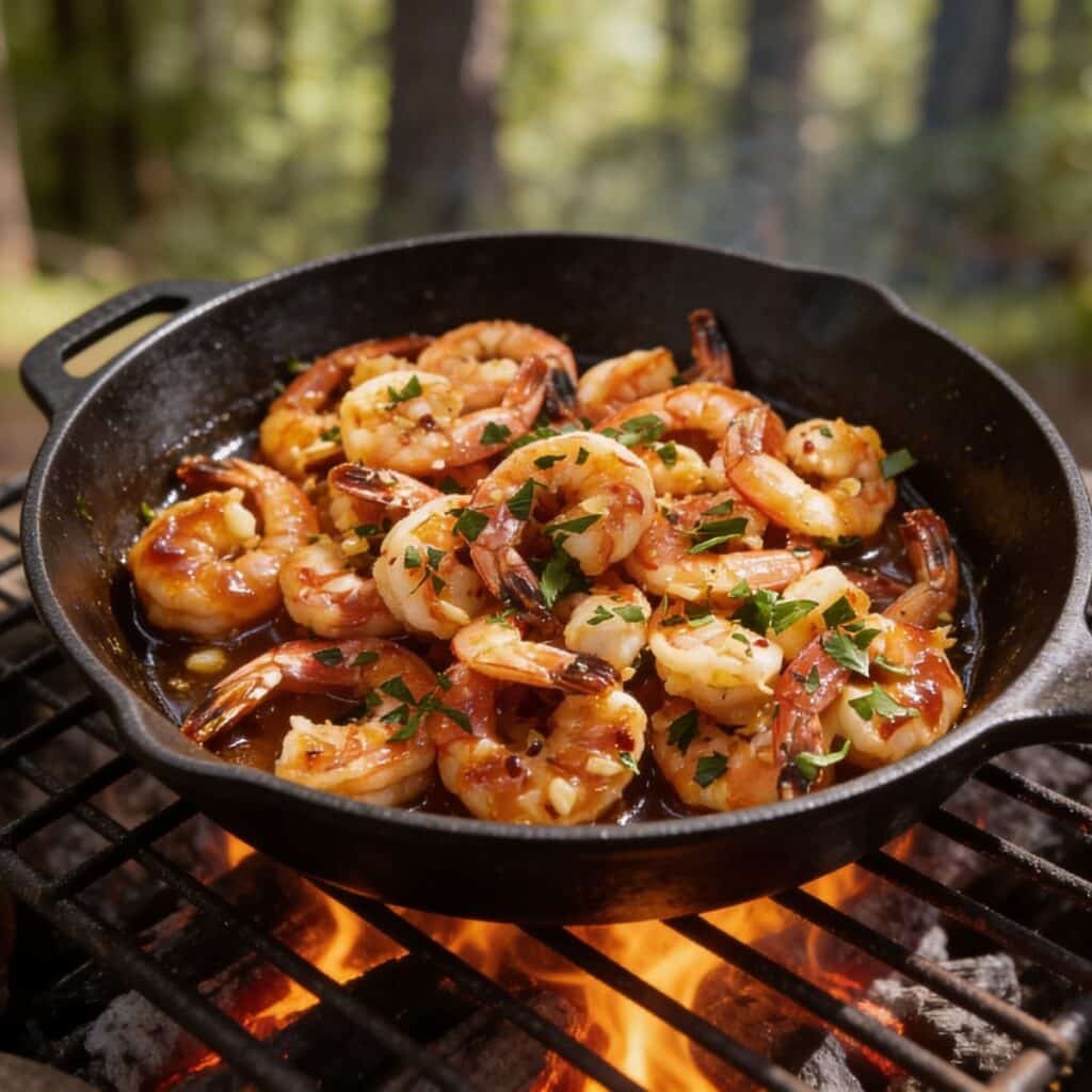 Campfire Honey Garlic Shrimp in a Skillet