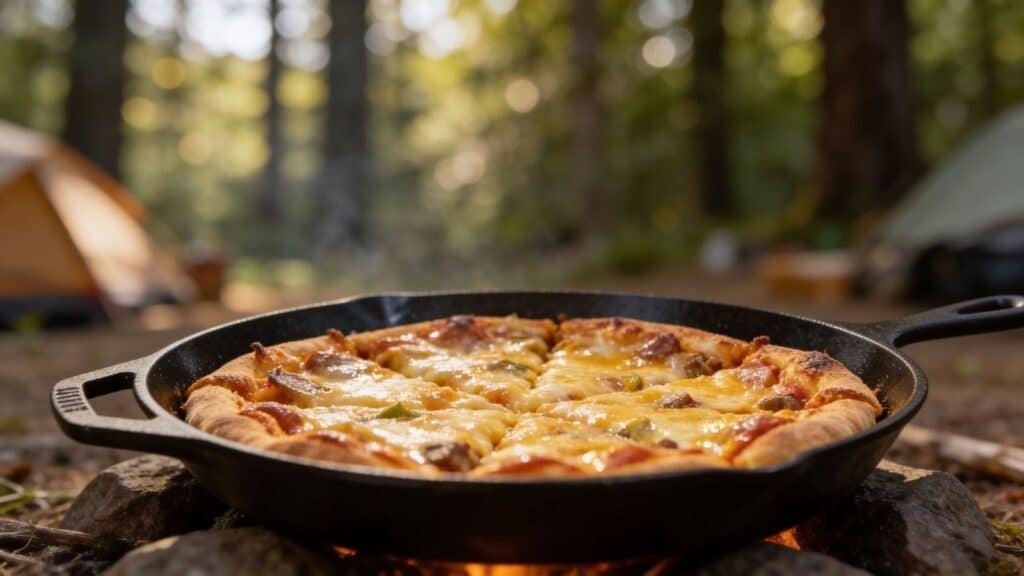 Campfire Pizza in a cast iron skillet