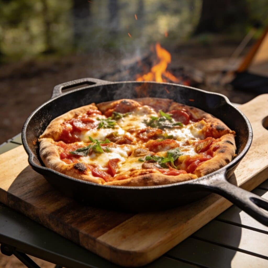 Campfire Pizza in a skillet pan