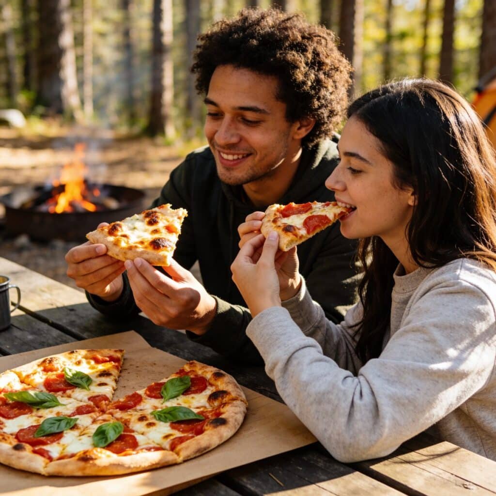 Couple camping eating Pizza