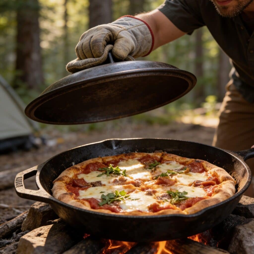 Pizza cooking in a cast iron skillet