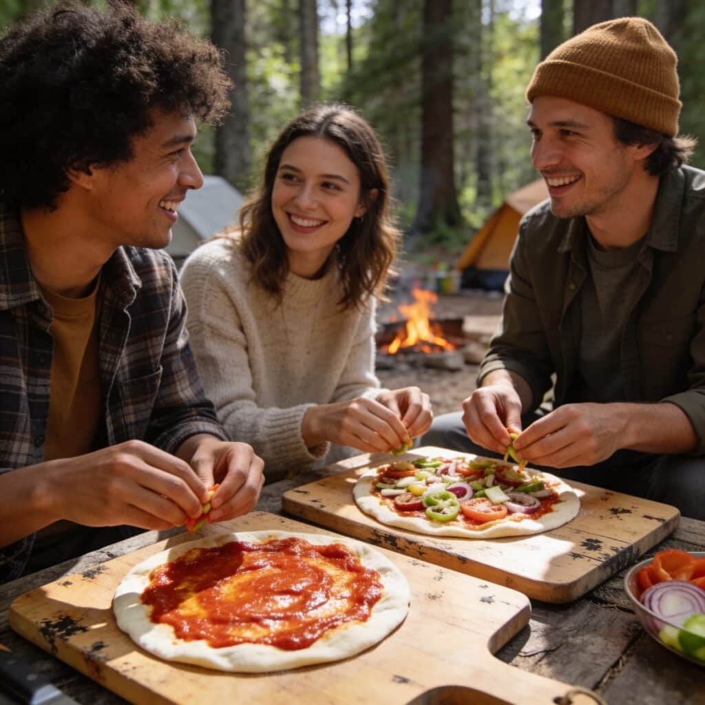 Friends making pizza at a campsite