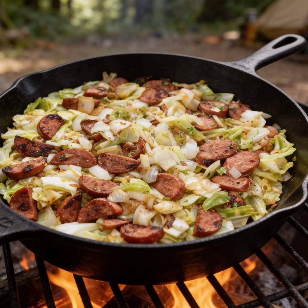 Cooking Sausage and Cabbage Stir Fry in a skillet