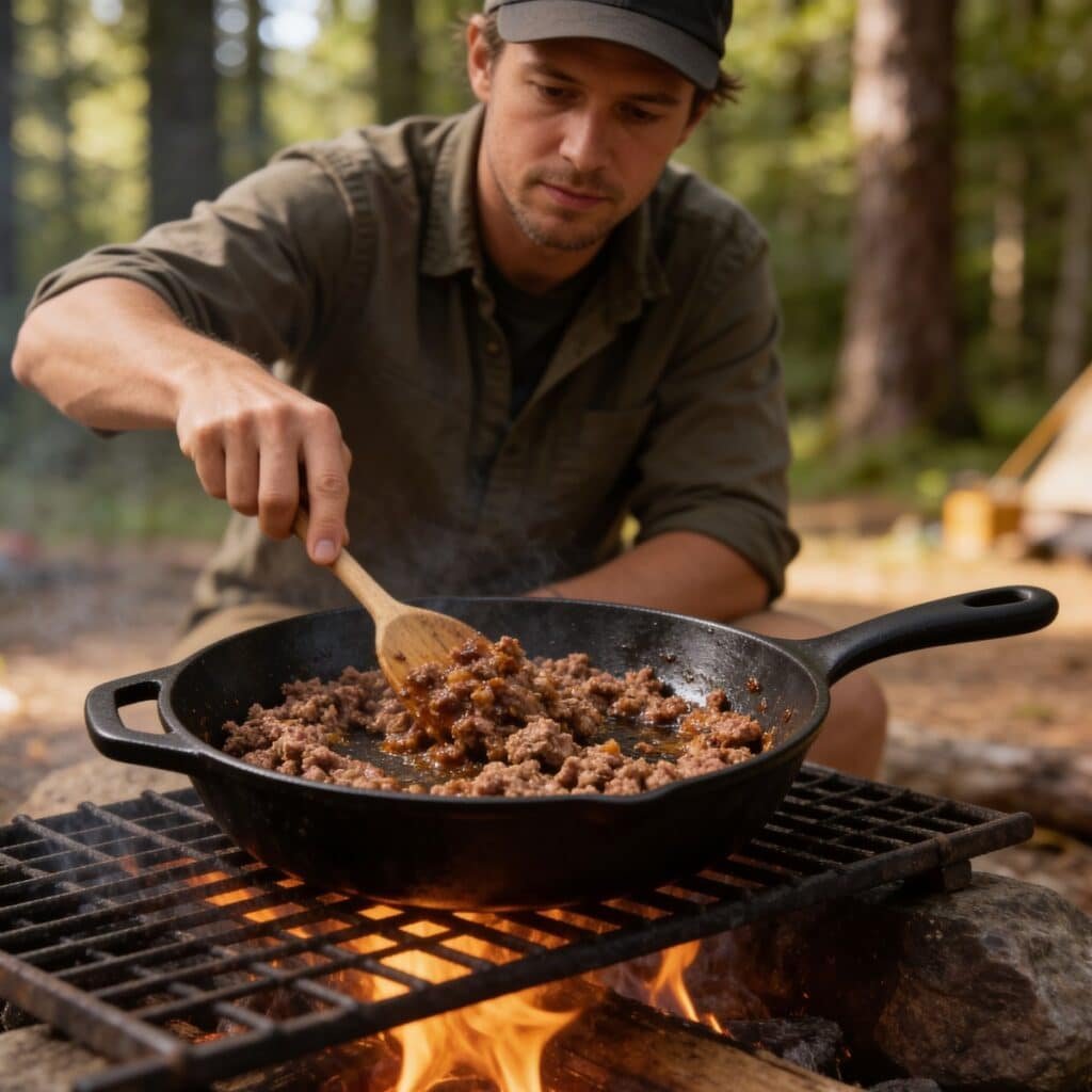 Cooking ground beef in a skillet
