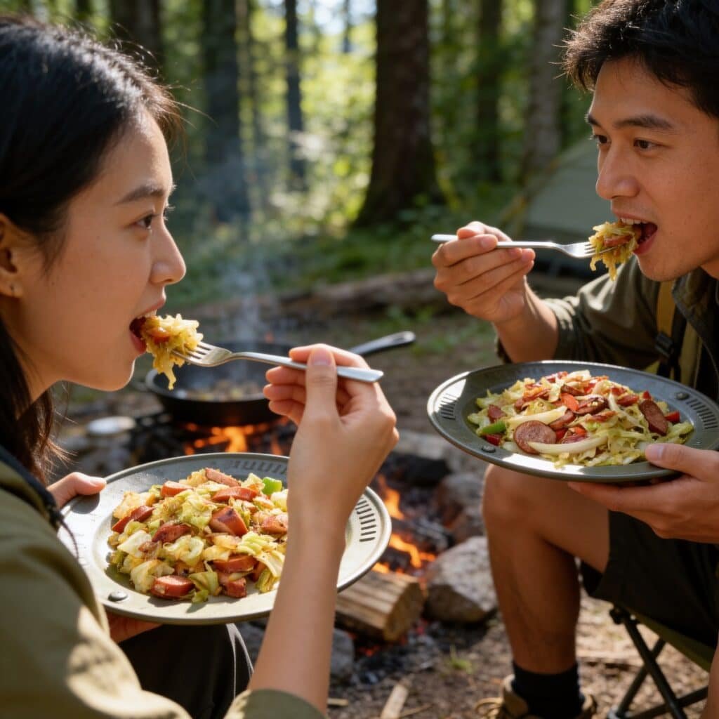 Couple Eating Campfire Sausage and Cabbage Meal