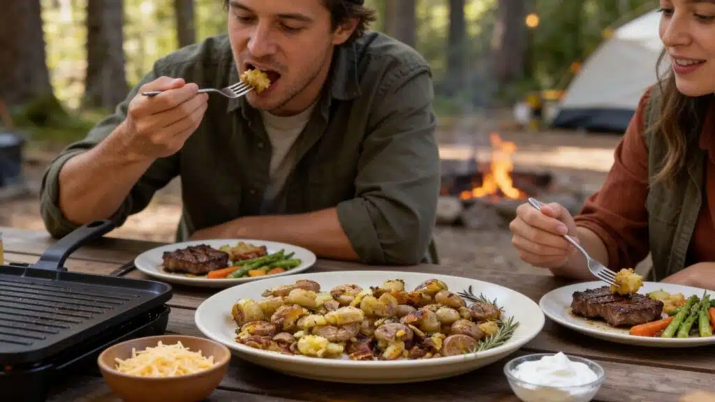 Couple eating meal at a forest campsite