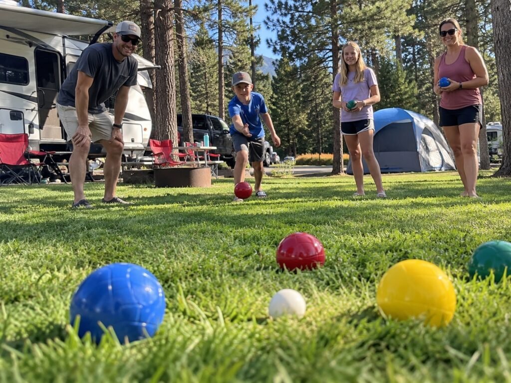 Family of 4 playing Franklin Sports Bocce Ball
