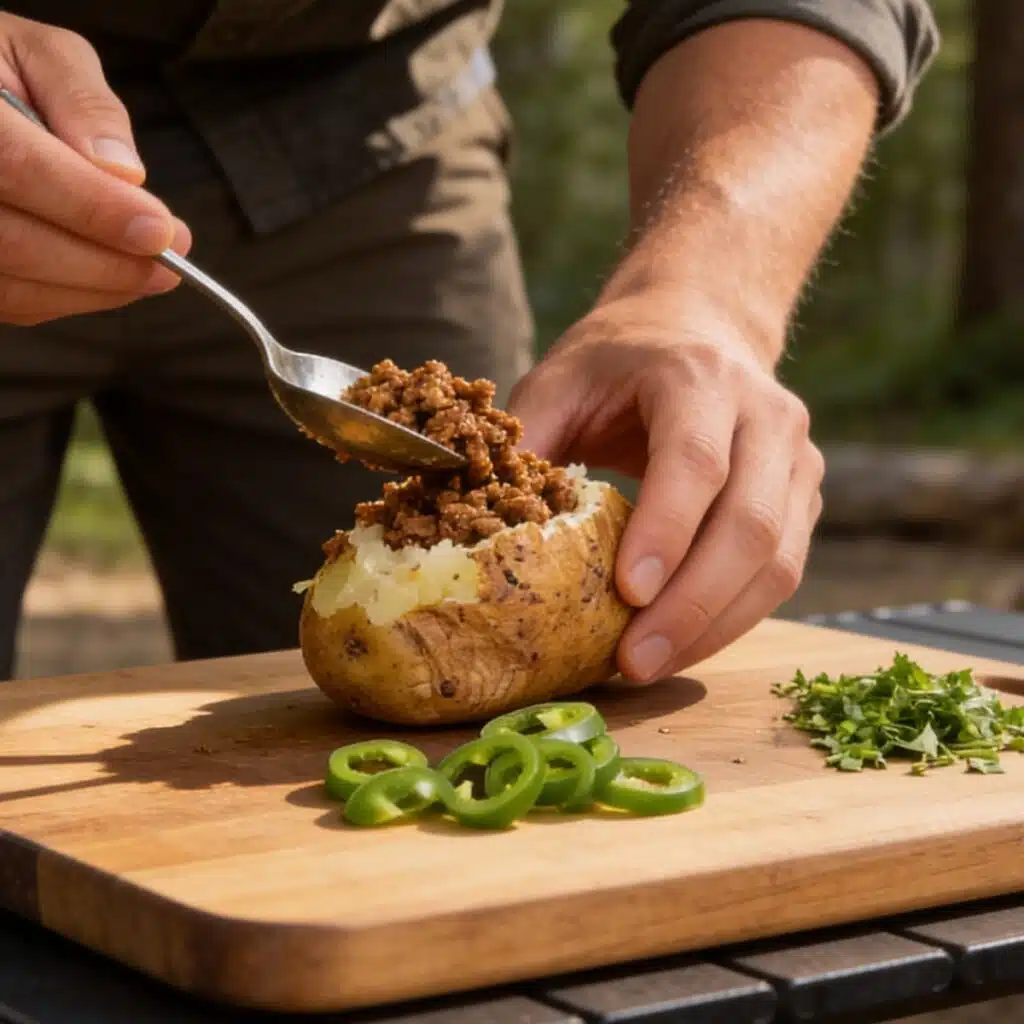 Filling Taco Potatoes with ground beef