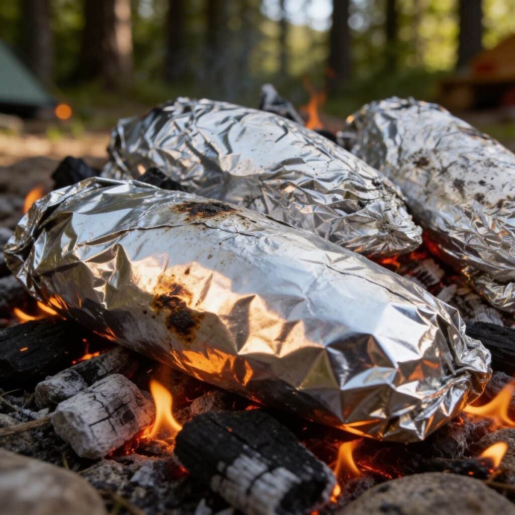 Foil Wrapped Taco Potatoes in a Campfire