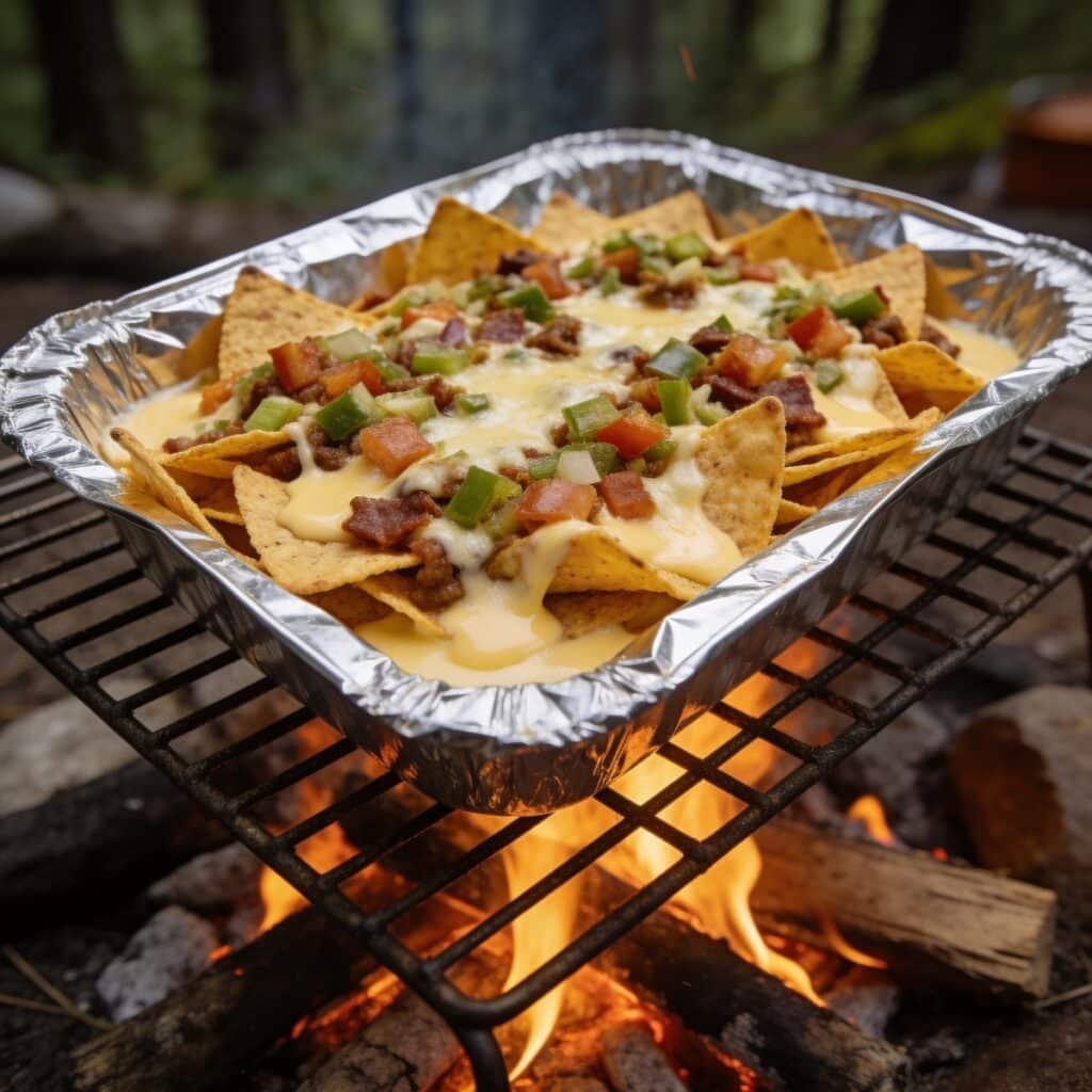 Grilled Nachos cooking on campfire