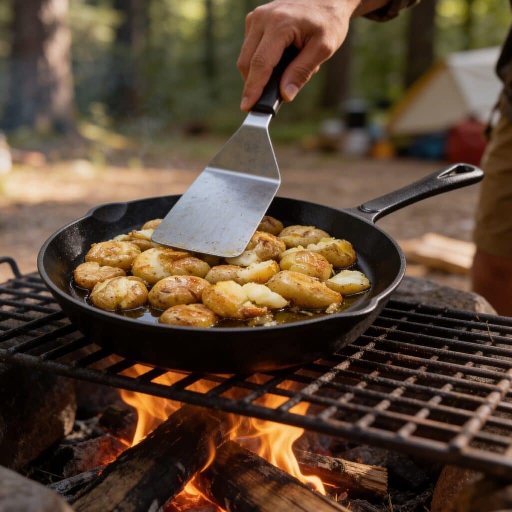 Man Crushing Potatoes in a skillet