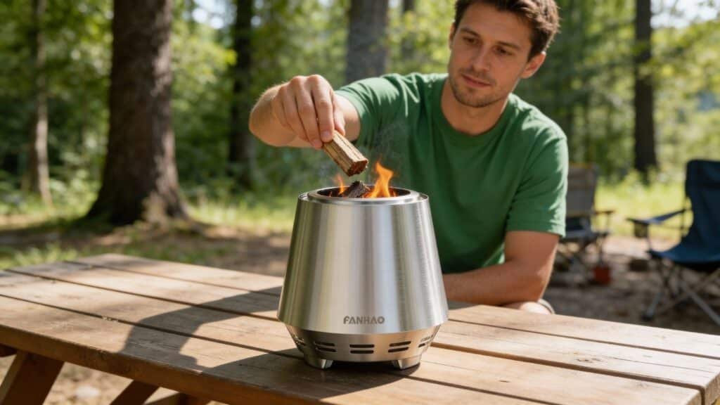 Man adding wood to tabletop Fire Pit