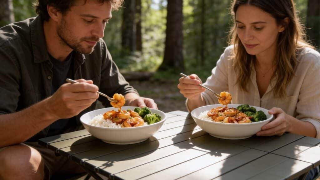 Man and Woman Eating Honey Garlic Shrimps