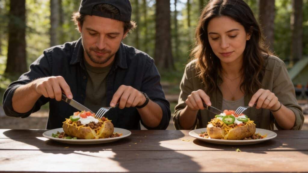 Man and woman eating Taco Potatoes
