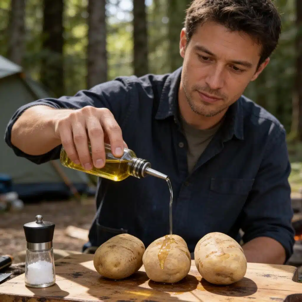 Man poring olive oil over Potatoes