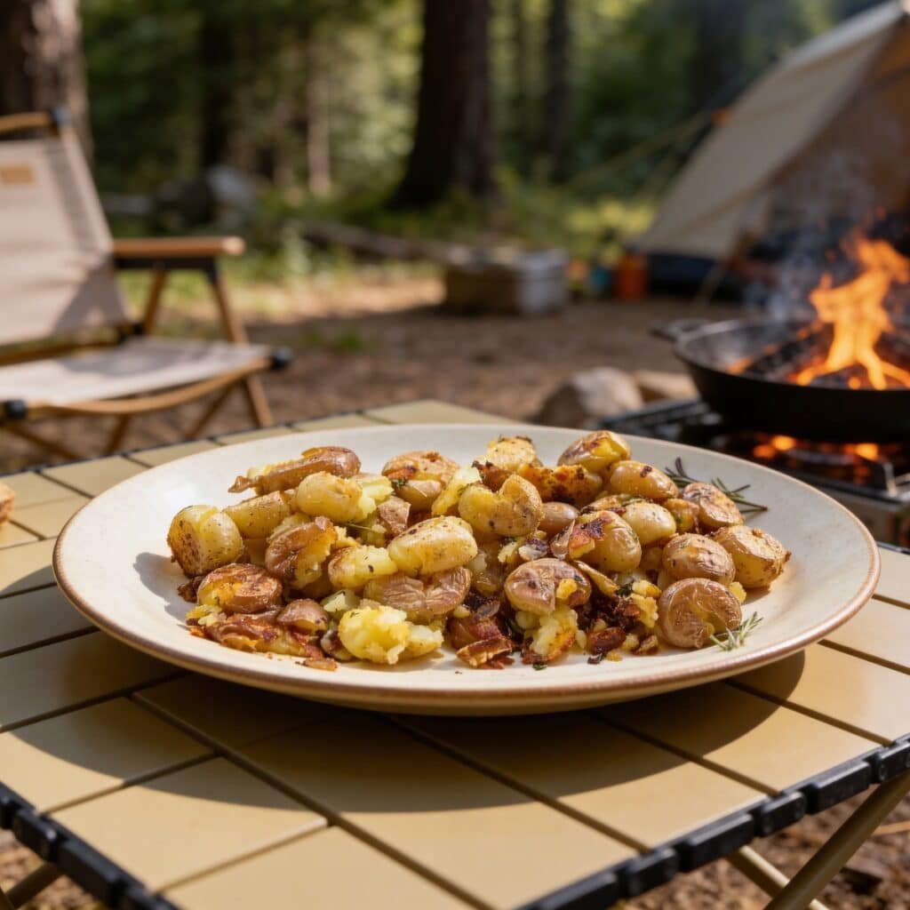 Plate of Blackstone Smashed Potatoes