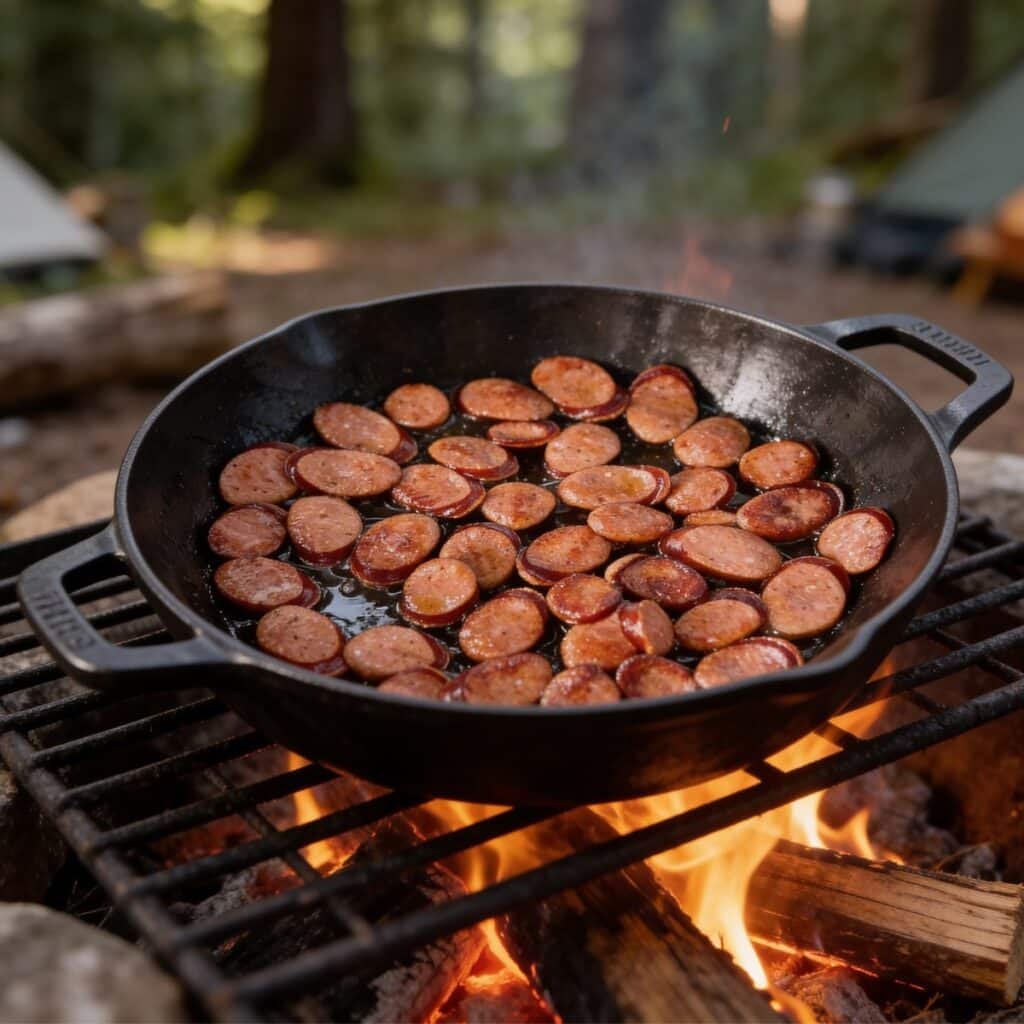Sliced Sausage cooking in a skillet
