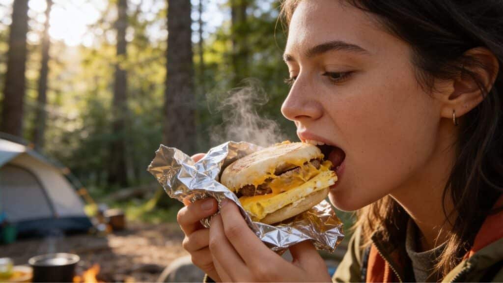 Woman eating Breakfast Roll