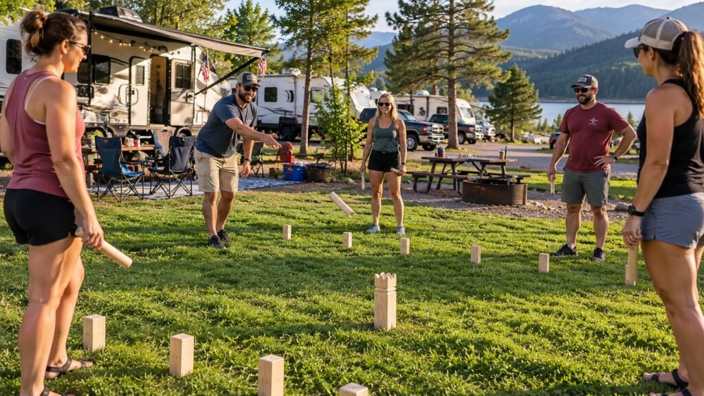 Adults playing with a GoSports Kubb Yard Game on grass