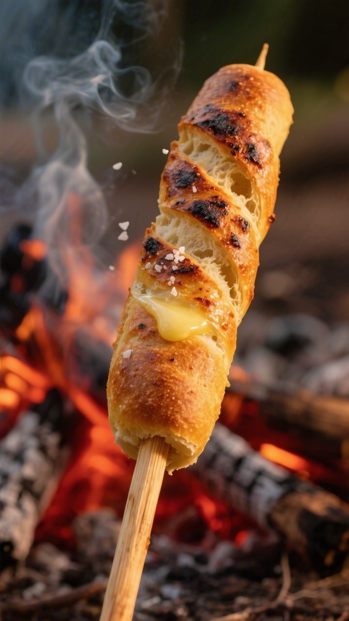 Close-up detail shot of golden campfire stick bread spiraled around a clean hardwood stick, cooked o