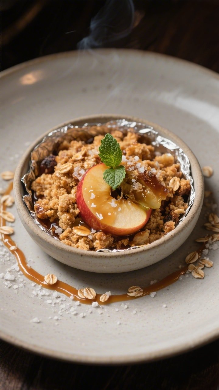 Final dish presentation: beautifully plated campfire apple crisp transferred from the foil to a shal