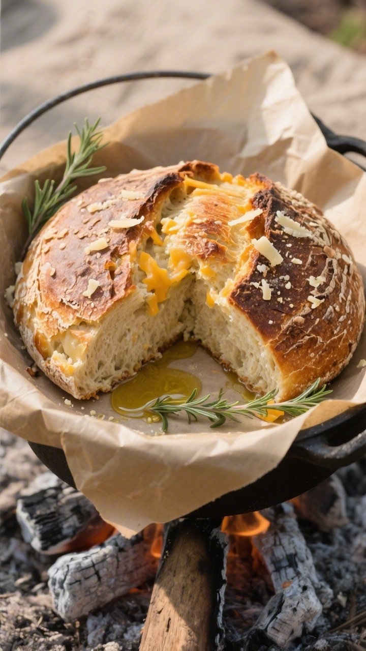 Final presentation shot of a Dutch oven loaf baked over coals, lifted onto parchment. Focus on the r