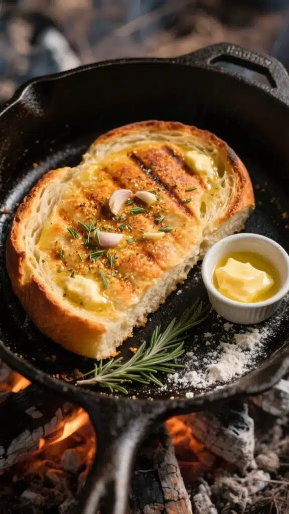 Overhead “tasty top view” of skillet campfire bread just flipped in a cast-iron pan over medium