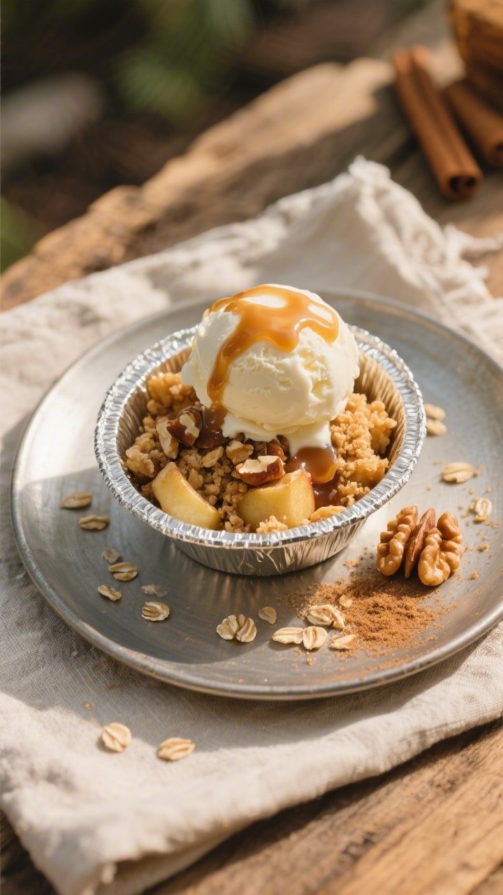 Tasty top view: overhead shot of a single-serving Campfire Apple Crisp In Foil Packets