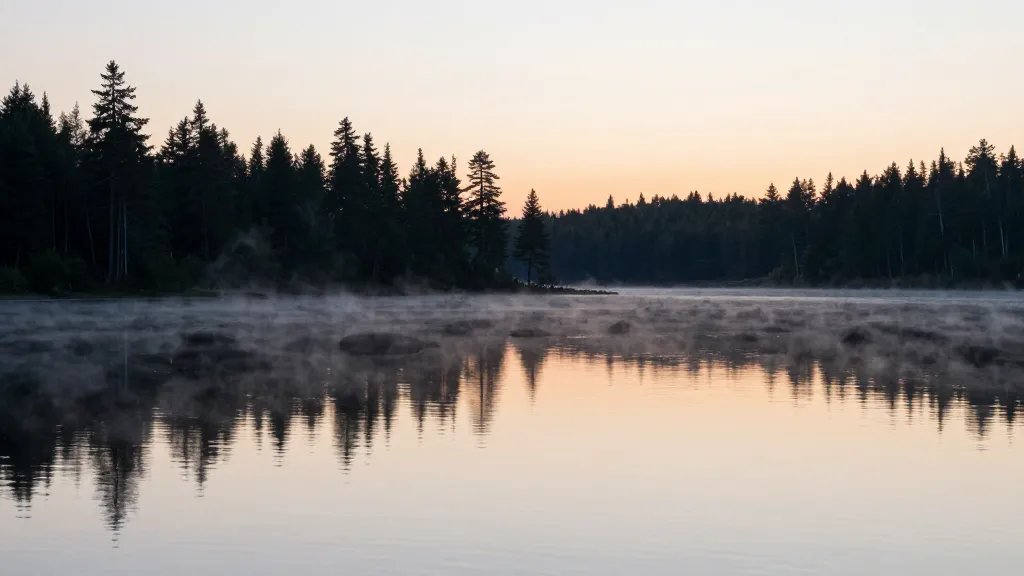 Boundary Waters tranquil lake at dawn, glassy surface, pine silhouettes