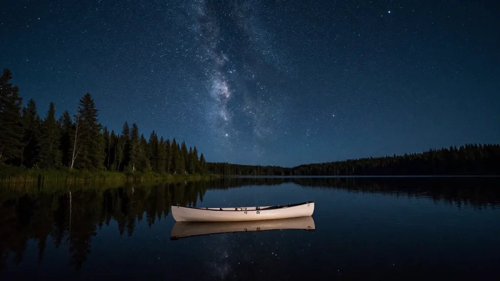 Boundary Waters lone canoe inlet, starry night reflected on water