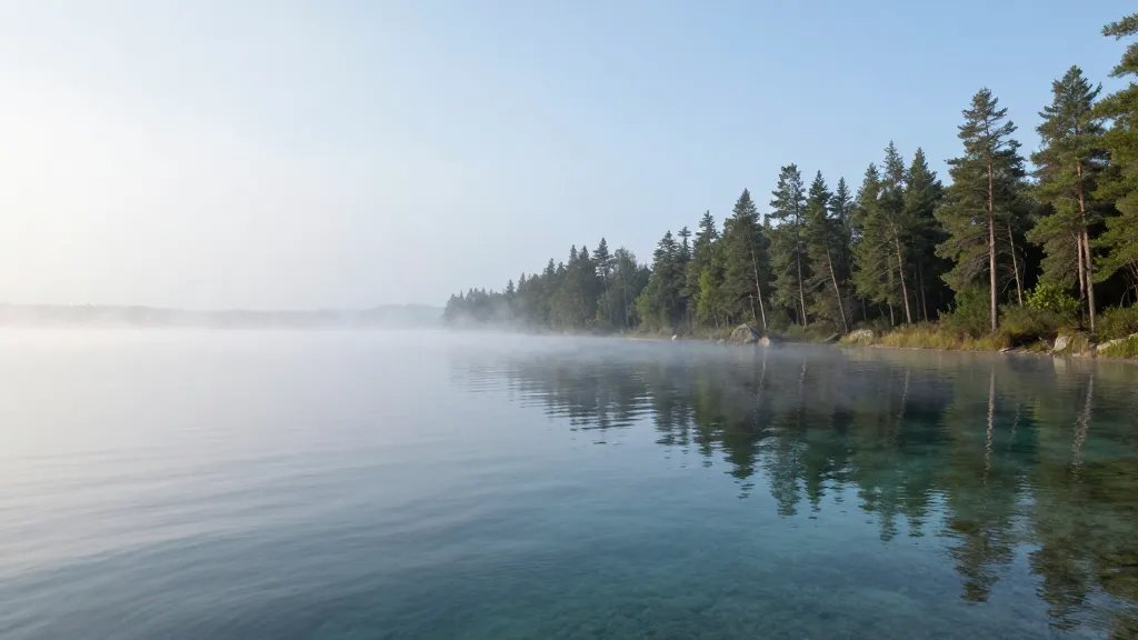 Boundary Waters distant pine shoreline, soft mist over crystal-clear lake