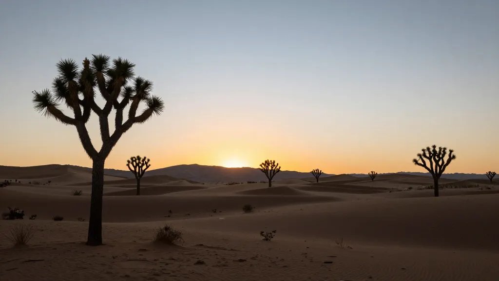 Distant sunrise over Mojave dunes with Joshua trees silhouettes
