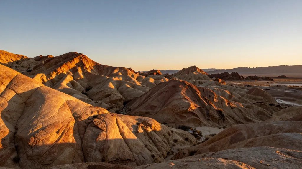 Golden hour horizon lighting across basalt ridges in Mojave Desert