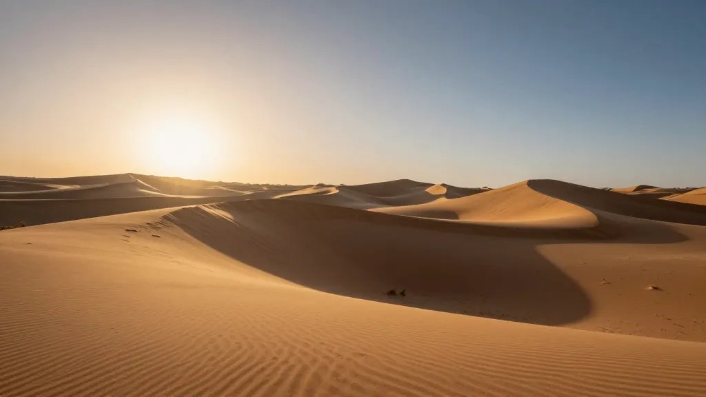 Expansive Mojave desert sand dunes under dramatic morning sky glow