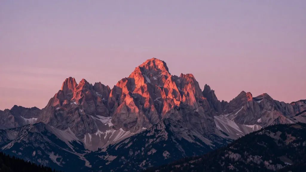 Distant Dolomites peaks at pink hour glow, single expansive summit